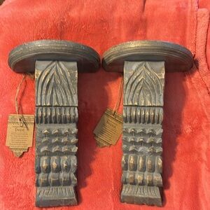 Sconces Hand Carved Wood Pair in Distressed Gray and Beige India New Decorative